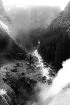 Black and white scenic view of Vernal waterfall in Yosemite National Park, California. U.S.A.