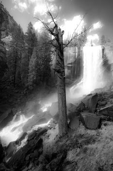 Black and white scenic view of mist trail along Vernal waterfall, Yosemite National Park, California, U.S.A.