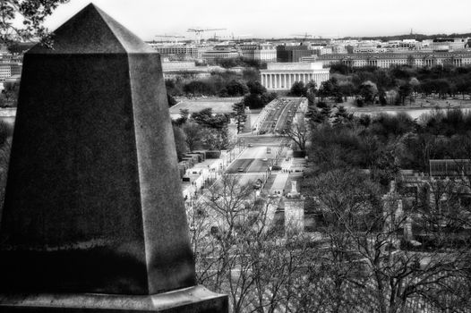 Black and white view of Washington D.C, viewed from Arlington National Cemetery, U.S.A.