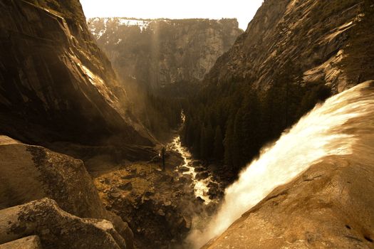 High angle view of a waterfall in a valley, Vernal Falls, Yosemite National Park, California, USA