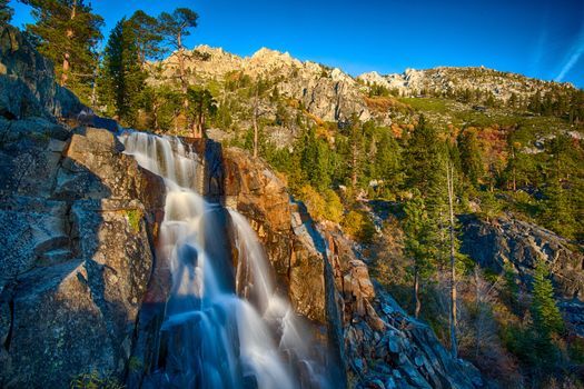 Water falling from rocks, Lake Tahoe, Sierra Nevada, California, USA