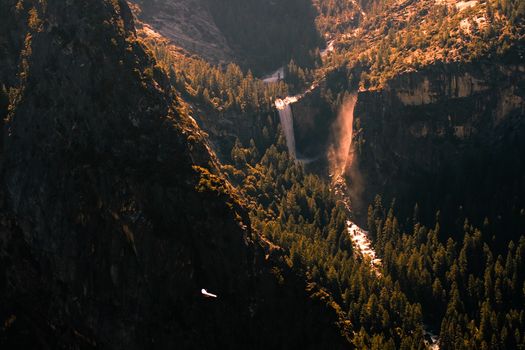 Aerial view of waterfall in a forest, Vernal Fall, Glacier Point, Yosemite Valley, Yosemite National Park, California, USA