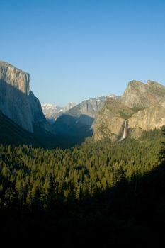 Rock formations in a valley, Bridal Veil Falls Yosemite, El Capitan, Half Dome, Yosemite Valley, Yosemite National Park, California, USA