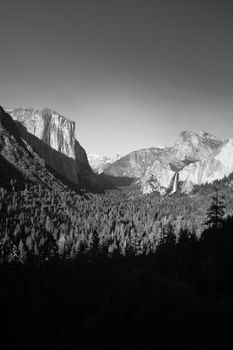 Rock formations in a valley, Bridal Veil Falls Yosemite, El Capitan, Half Dome, Yosemite Valley, Yosemite National Park, California, USA