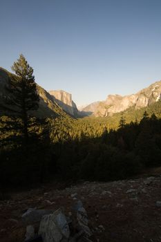 Rock formations in a valley, Bridal Veil Falls Yosemite, El Capitan, Half Dome, Yosemite Valley, Yosemite National Park, California, USA