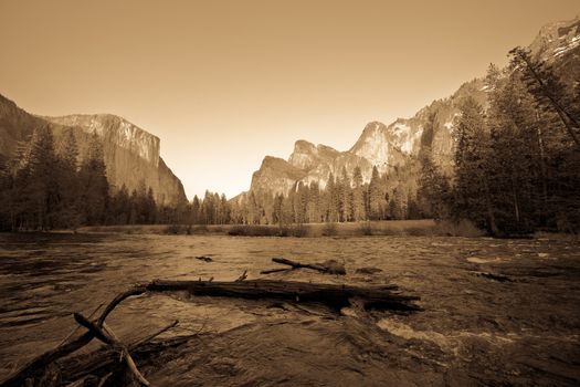 View of Bridal Veil Falls, Half Dome and El Capitan in Yosemite Valley, Yosemite National Park, California, USA