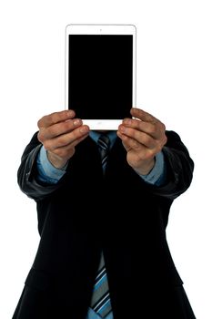 Businessman showcasing tablet device