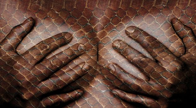 Upper part of female body, hands covering breasts, snake skin