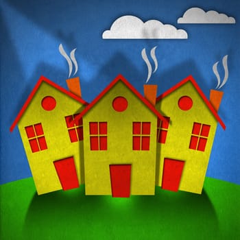 Three small stylized houses on green hill and blue sky with clouds - Textile material