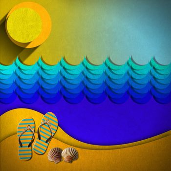 Stylized seascape with waves, sky, sun, flip flops, seashells and beach