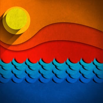 Stylized seascape with  waves, sky, sun and beach