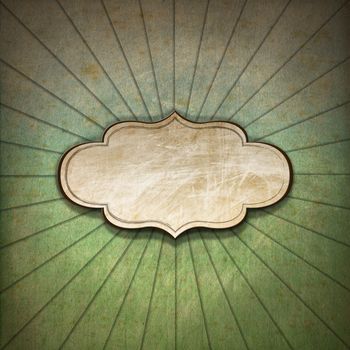 Vintage background with green, blue and brown pastel colors, sunbeams stripes and blank label