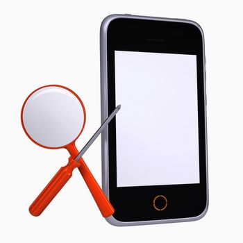 Smartphone and tools for repair and diagnostics. Isolated render on a white background
