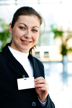 Business lady represents on her Blank ID Badge