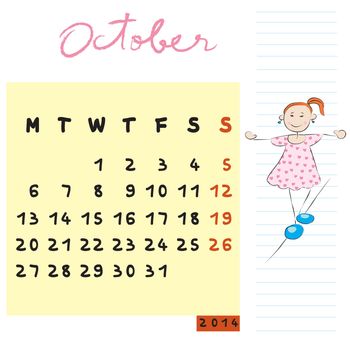 october 2014 calendar illustration, hand drawn design with kid, the balanced student profile for international schools
