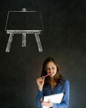 Learn art teacher woman with easel chalk blackboard background