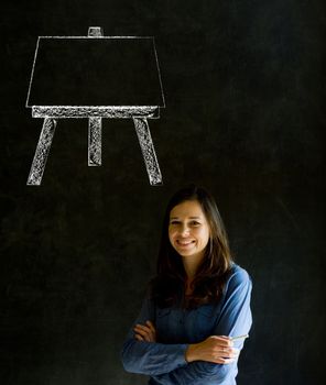 Learn art teacher woman with easel chalk blackboard background