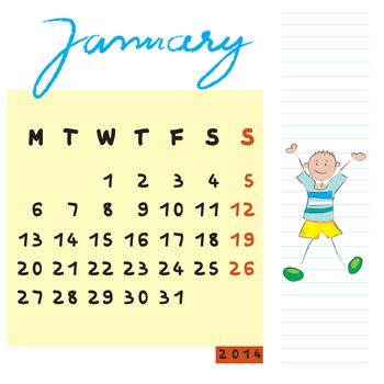 january 2014 calendar illustration, hand drawn design with the happy student profile for international schools