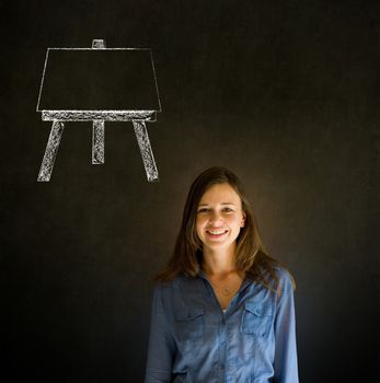 Learn art teacher woman with easel chalk blackboard background