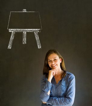 Learn art teacher woman with easel chalk blackboard background