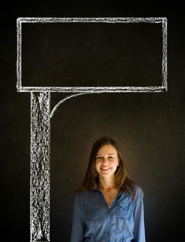 Businesswoman, teacher or student with chalk road advertising sign blackboard background