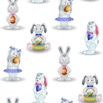 Seamless background, Easter rabbits with eggs.