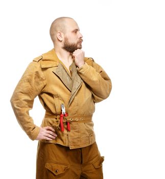 Bearded man with pliers. Isolate. White background.