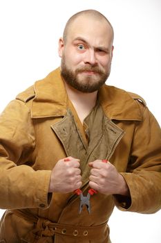 Bearded man with pliers. Isolate. White background.