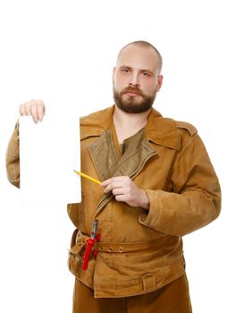 working man shows on a sheet. Isolate. White background.