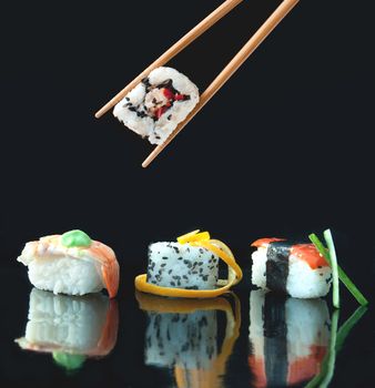 Closeup of fish and vegetable sushi snacks 