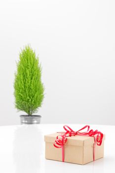 Elegant gift box with red ribbon, and little green tree in the background.
