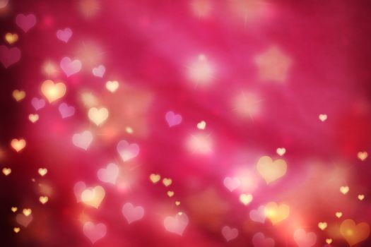 Golden small hearts on pink magenta background with stars