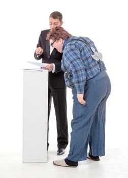 Elegant man in a tuxedo and bow tie standing arguing with an overweight country yokel