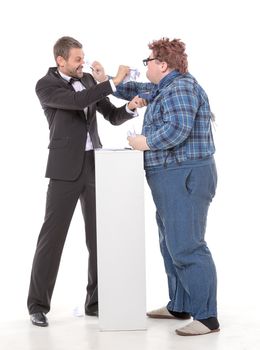 Two men resorting to fisticuffs following a disagreement as an elegant man in a bow tie tries to ward off a country bumpkin who is gesturing rudely in his face