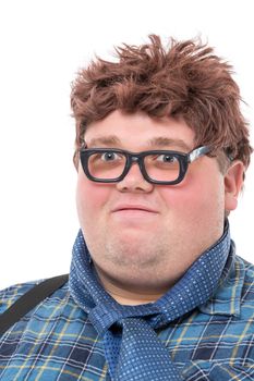 Overweight obese country yokel, on white background