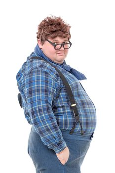 Overweight obese country yokel, on white background