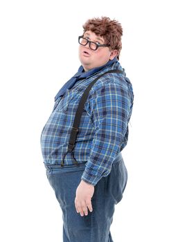 Overweight obese country yokel, on white background