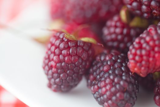 blackberries on plate on checkered fabric