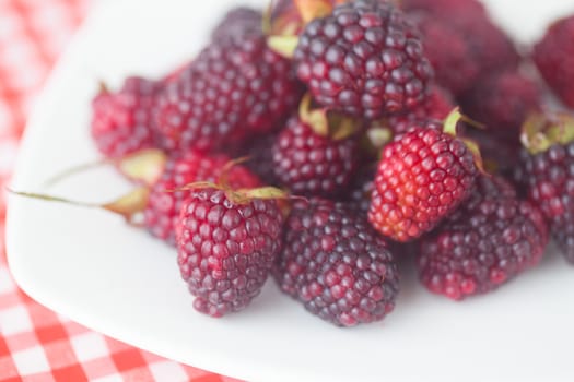 blackberries on plate on checkered fabric