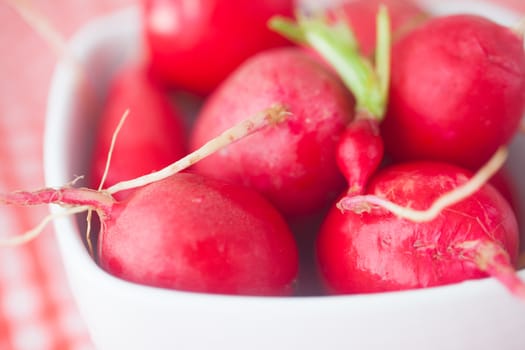 radish in bowl on checkered fabric