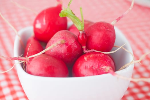 radish in bowl on checkered fabric