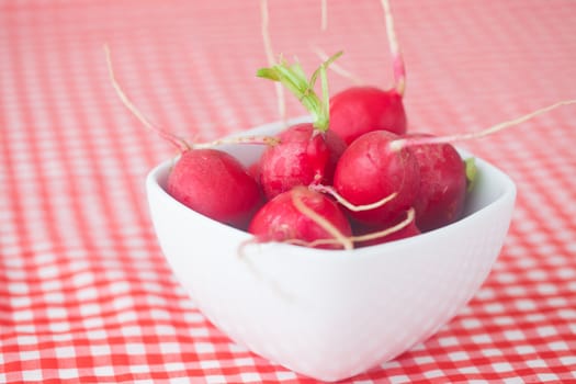 radish in bowl on checkered fabric