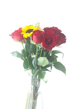 bouquet of red roses and sunflower in a vase 