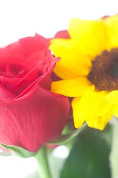 bouquet of red roses and sunflower in a vase 