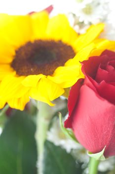 bouquet of red roses and sunflower in a vase 