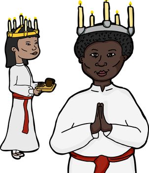 Asian and African women in costume for Swedish holiday Sankta Lucia