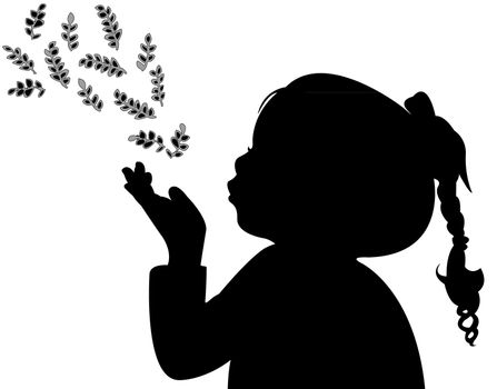 a child blowing out leaves, silhouette vector