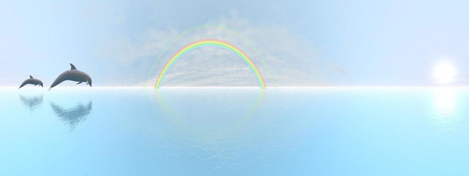 Dolphins jumping upon the ocean next to rainbow by beautiful day, 360 degrees effect