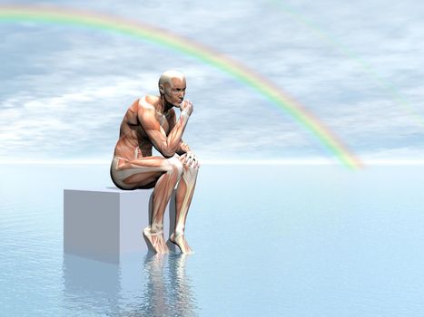 Realistic view of man muscles sitting on a cube upon water and under rainbow by beautiful day