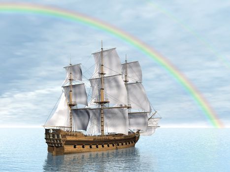 Close up of a beautiful detailed old merchant ship under rainbow on the ocean